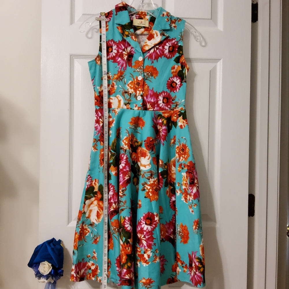 GRACE KARIN COTTON FLORAL FIT & FLARE DRESS V NECK WITH COLLAR DRESS 11-12  YEAR - Picture 2 of 9